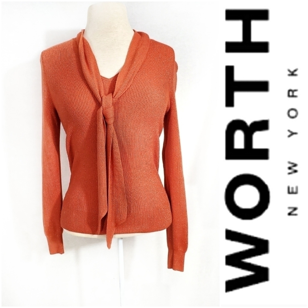 Worth Orange Shimmery Gold Neck Tie Knit Sweater